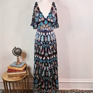 Temperley London Quartz Maxi Dress 100% Silk Botanical Ruffle Size 6 Elegant